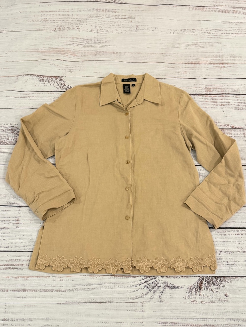 Vintage 90s Rori Ann 55% Linen 45% Cotton Blouse Long Sleeve Floral Embroidered